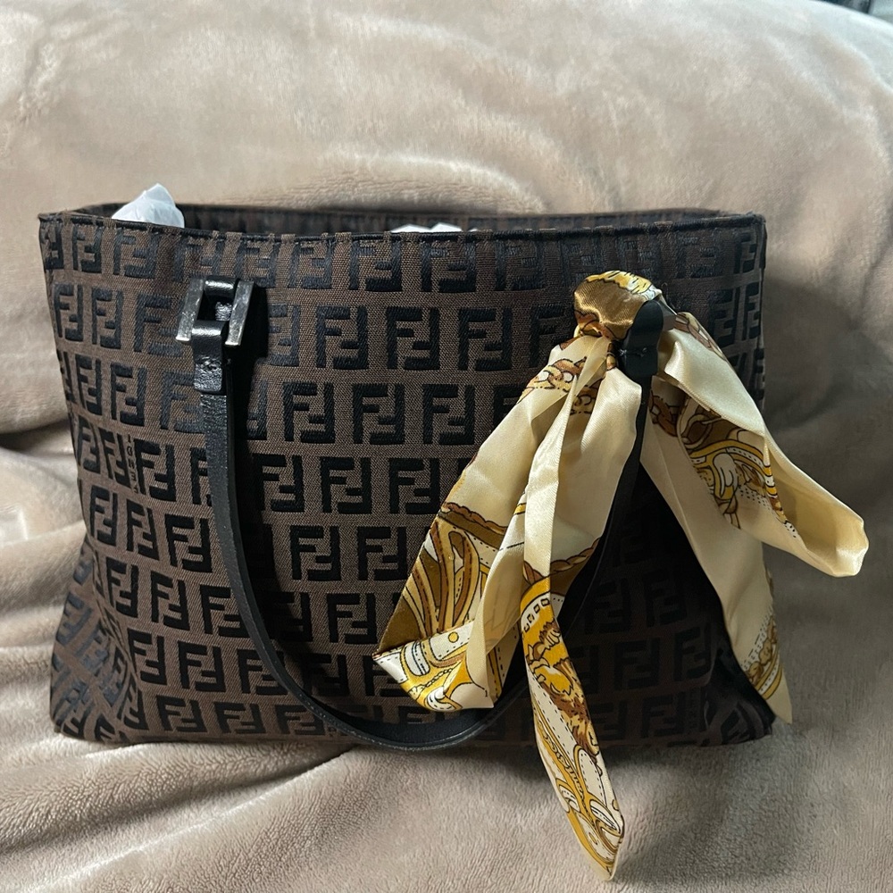 Fendi Brown Zucca Canvas Tote with Scarf Accent